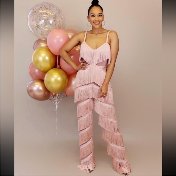 Limited edition HOUSE OF CB ‘Marcella’ Pink Fabulous Fringe Sheer Jumpsuit NWOT - Picture 6 of 14